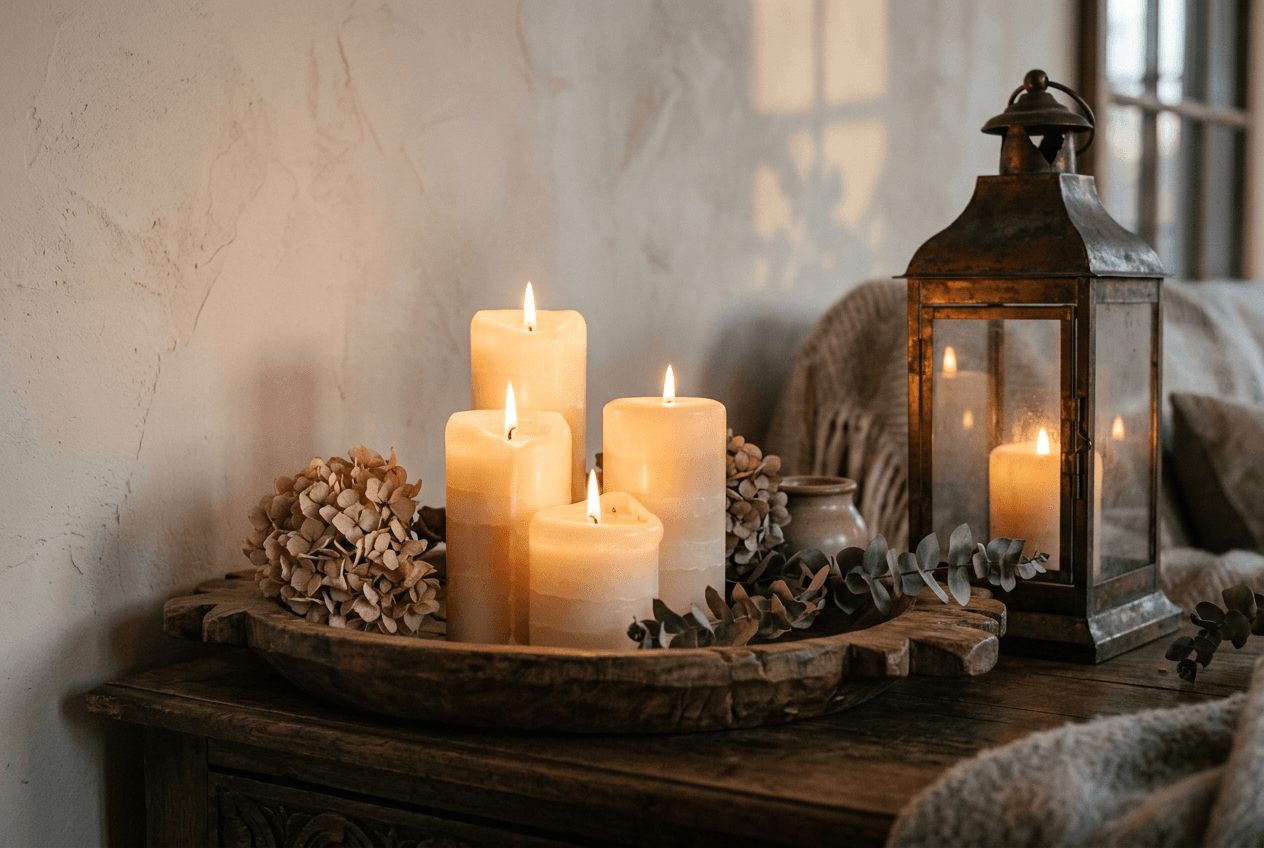 A cluster of ivory pillar candles and a bronze lantern glowing on a wooden tray