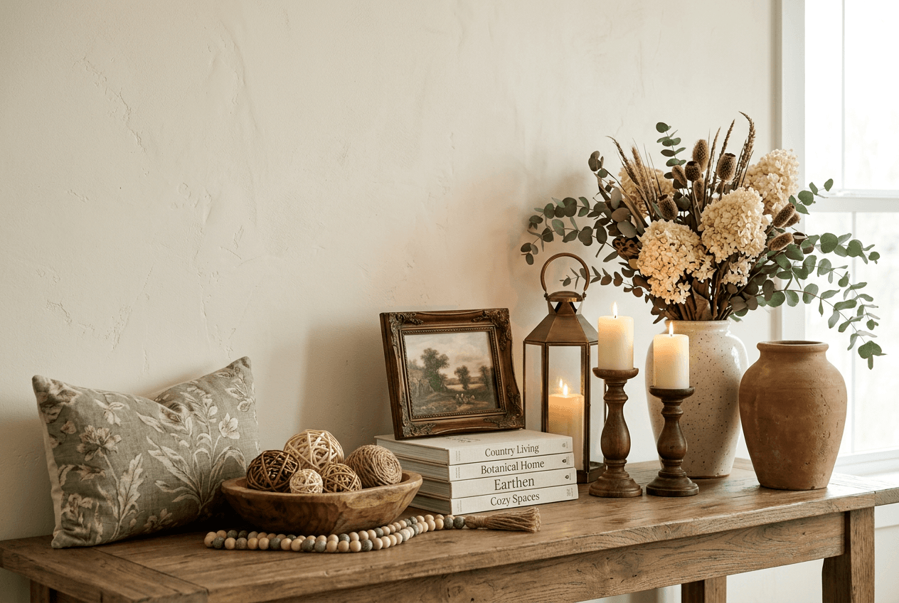 A styled wooden console table with vases, candles, greenery and a framed landscape