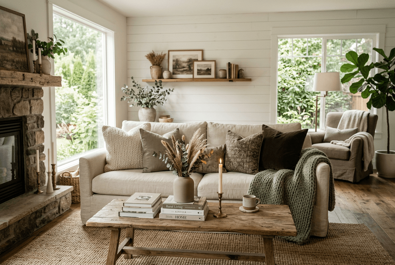 A cozy living room with a linen sofa, textured pillows, a knit blanket and greenery